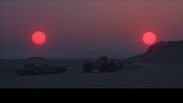 A serene view of the twin suns setting over the Tatooine desert, with a silhouette of Luke Skywalker’s landspeeder in the foreground.