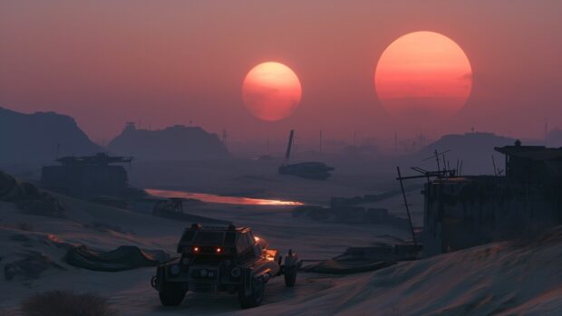 A serene view of the twin suns setting over the Tatooine desert, with a silhouette of Luke Skywalker’s landspeeder in the foreground, Star Wars space background HD.