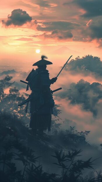 A silhouette of a samurai standing on a hilltop, overlooking a mist covered valley.