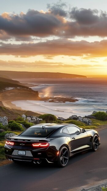 A sleek Camaro SS parked on a scenic coastal road at sunset, iPhone 4K Car Wallpaper.