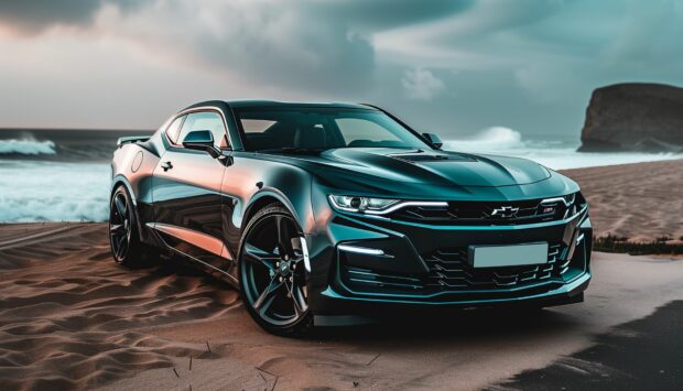 A sleek Camaro parked on a coastal road with waves crashing in the background.