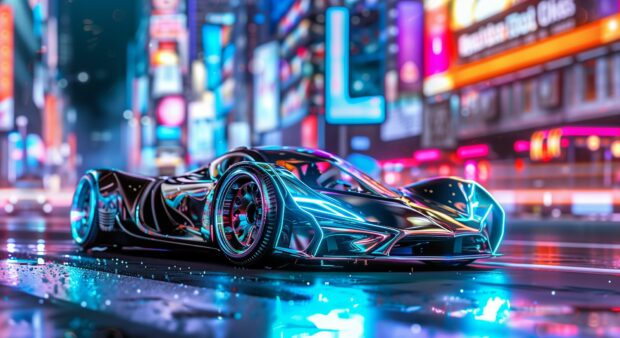 A sleek and modern cool 3D sports car racing on a futuristic city street.