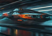 A sleek, futuristic vehicle speeding through a neon lit tunnel.