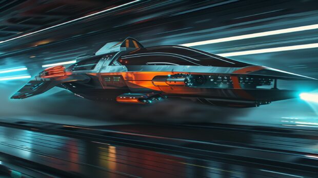 A sleek, futuristic vehicle speeding through a neon lit tunnel.