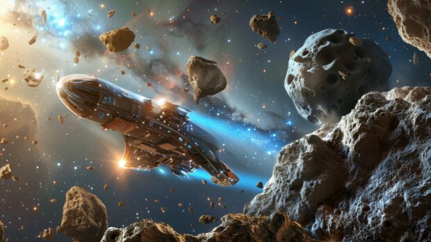 A sleek, high tech spaceship flying close to a giant asteroid, with stars and deep space as the backdrop (2).