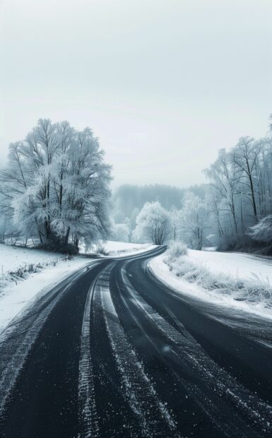 A snowy country road winding through a winter landscape with frosted trees and a soft blanket of snow, mobile Wallpaper.