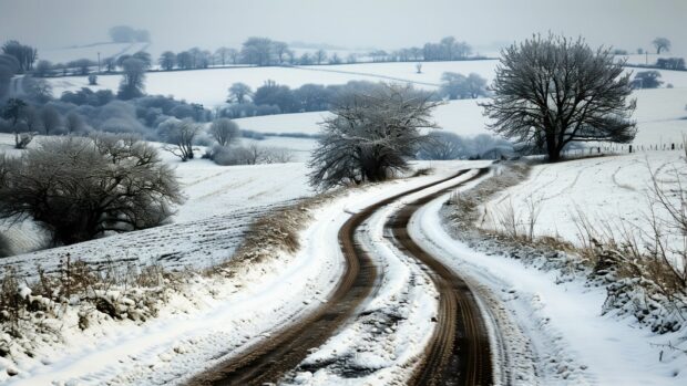 A snowy country road winding through a winter landscape with snow covered trees and fields.