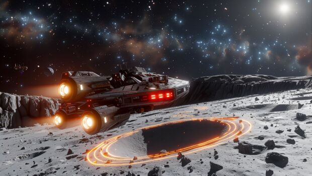 A spaceship landing on a distant moon, with the ship's lights illuminating the rocky terrain and a galaxy filled sky above.