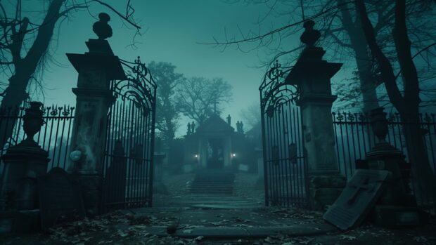 A spooky 1920s graveyard with wrought iron gates and creepy tombstones, Vintage Halloween Wallpaper HD.