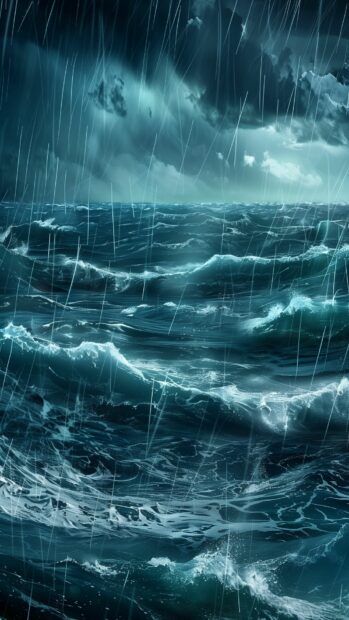 A stormy night over the ocean with heavy rain and rough waves, iPhone background.
