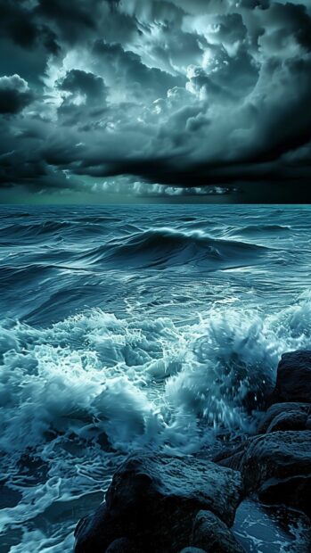 A stormy ocean background with dark clouds and high waves crashing against rocks.