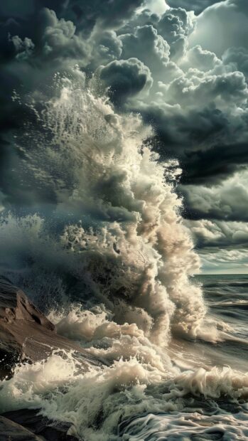 A stormy ocean with dark clouds and high waves crashing against rocks.