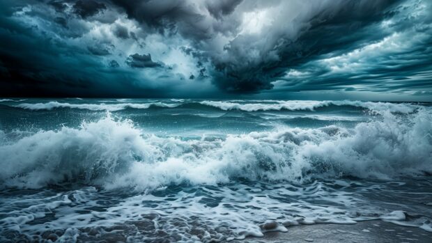 A stormy sea with towering ocean waves and dark clouds overhead background.