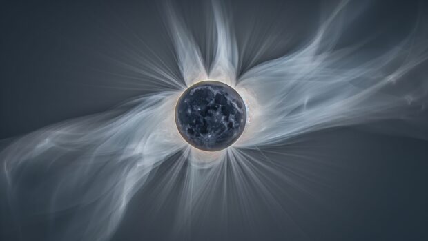 A stunning solar eclipse with the sun corona visible around the moon wallpaper, 1080p Space Background.