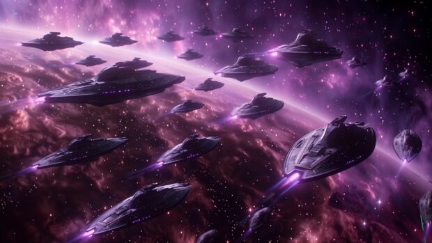 A stunning space scene featuring a fleet of Mon Calamari cruisers and Nebulon B frigates in formation, ready for battle against the Empire, Star Wars space desktop background.