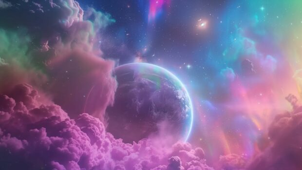 A stunning view of a Cool Space 4K wallpaper with a rainbow colored atmosphere, set against the backdrop of colorful nebulae and stars.