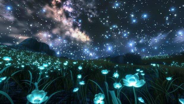 A stunning view of an alien world with bioluminescent plants and a starry sky in the cool space background.