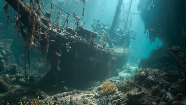 A sunken shipwreck in the depths of the underwater ocean HD wallpaper.