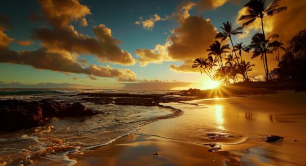 A sunset over a tropical beach HD Wallpaper with palm trees silhouetted against the sky.