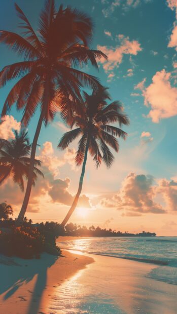 A sunset over a tropical beach with palm trees silhouetted against the blue sky, iPhone Wallpaper.