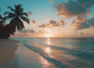 A sunset over a tropical beach with palm trees silhouetted against the sky, Beach Desktop Wallpaper HD.