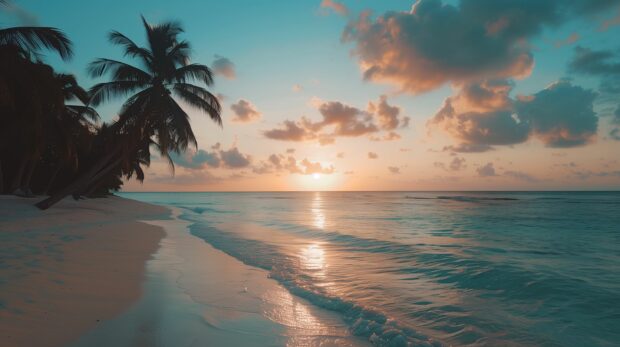 A sunset over a tropical beach with palm trees silhouetted against the sky, Beach Desktop Wallpaper HD.