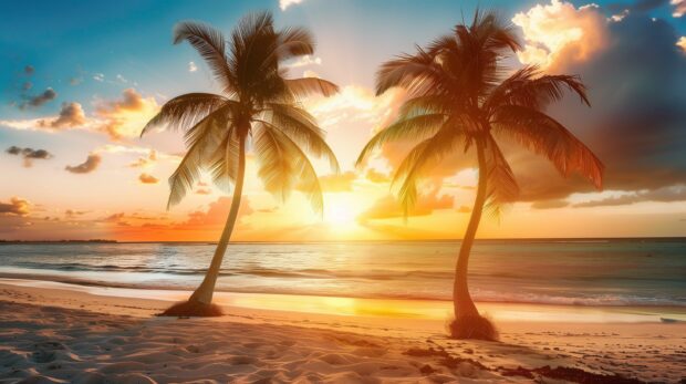 A sunset over a tropical beach with palm trees silhouetted against the sky, Tropical Beach wallpaper HD.