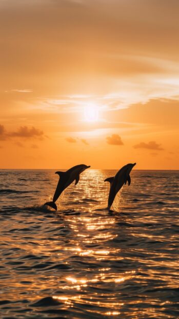 A sunset over the ocean with silhouettes of dolphins jumping, iPhone background.