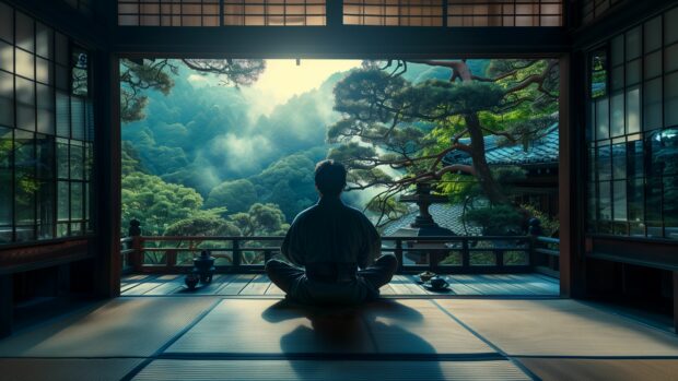 A traditional Japanese tea ceremony with a samurai observing respectfully, surrounded by tatami mats and sliding paper doors.