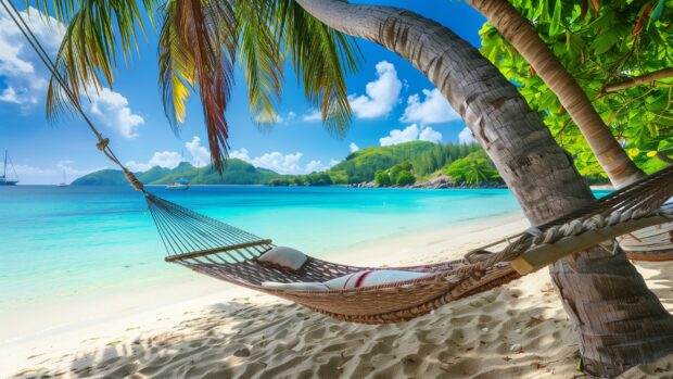 A tranquil Beach Desktop HD Wallpaper with a hammock strung between two palm trees.