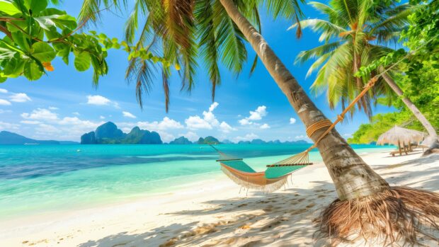 A tranquil Tropical Beach wallpaper HD 2K with a hammock strung between two palm trees.