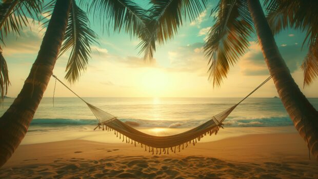 A tranquil Tropical Beach wallpaper with a hammock strung between two palm trees.