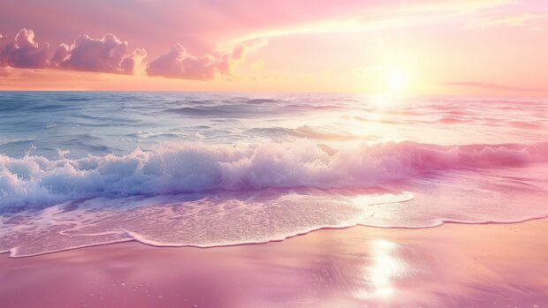 A tranquil beach with Pink Sunset Wallpaper 4K, calm ocean waves, pastel sky, glowing sun, beautiful scenery.