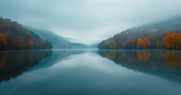A tranquil lake reflecting colorful fall foliage 4K background.