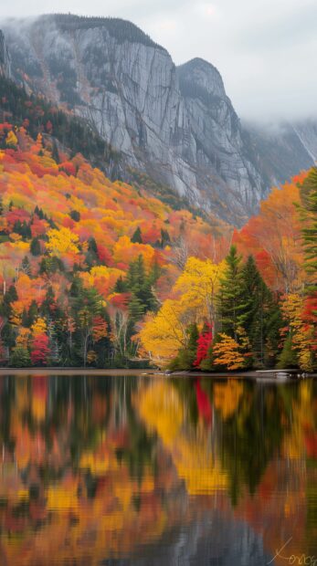 A tranquil lake reflecting colorful fall foliage background for iPhone.