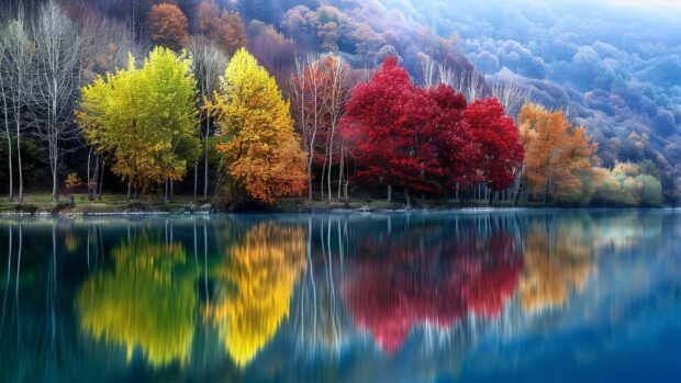 A tranquil lake reflecting colorful fall foliage, high quality 4K wallpaper.