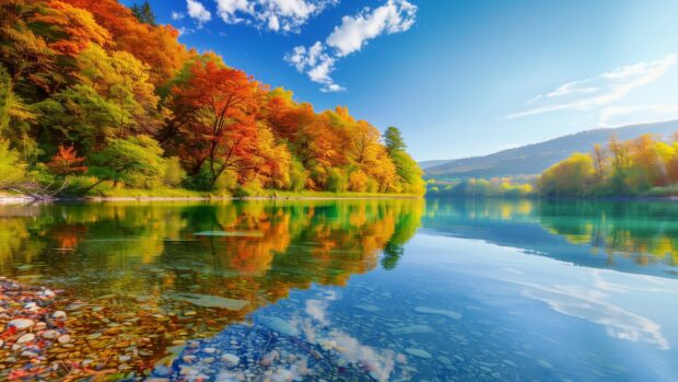 A tranquil lake reflecting colorful fall foliage, high quality photography, Desktop Wallpaper.