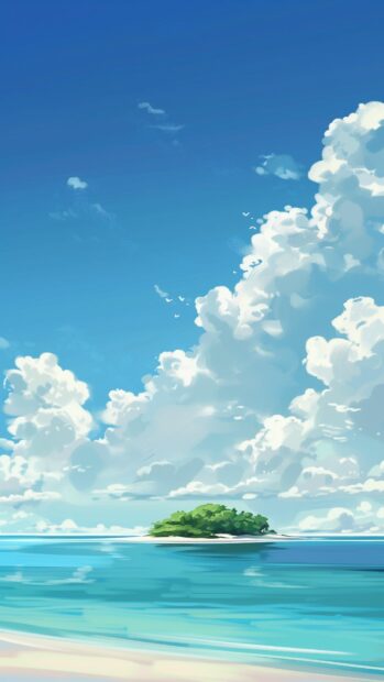 A tranquil ocean with a distant island and fluffy clouds, iPhone wallpaper.