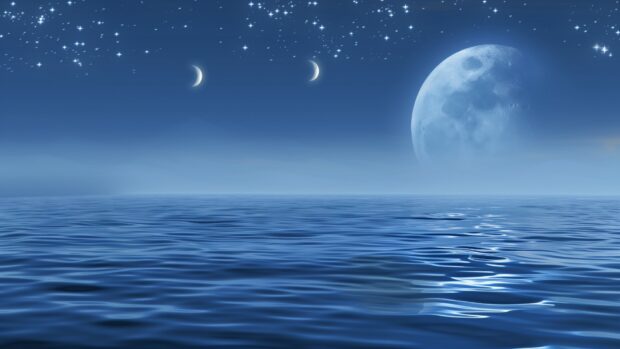 A tranquil scene of a blue moon rising over an alien ocean, with stars reflecting off the water surface and a blue hued sky.