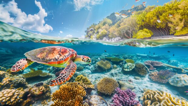 A tropical Beach 4K Background with sea turtles swimming in the shallow waters.