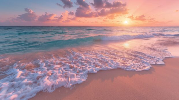 A tropical beach with a vibrant sunset, casting warm hues over the crystal clear ocean and palm fringed shore.