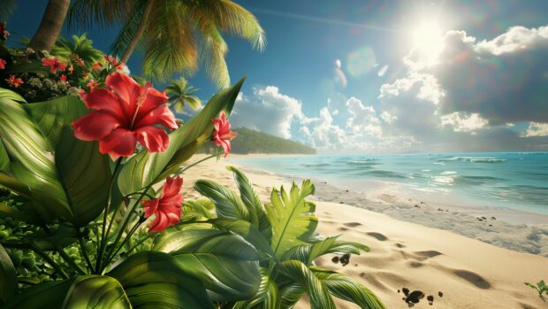 A tropical beach with exotic flowers and lush vegetation.