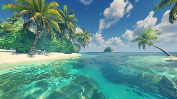 A tropical ocean HD wallpaper for desktop with palm trees lining the shore.