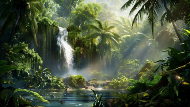 A tropical rainforest with lush vegetation and a cascading waterfall.