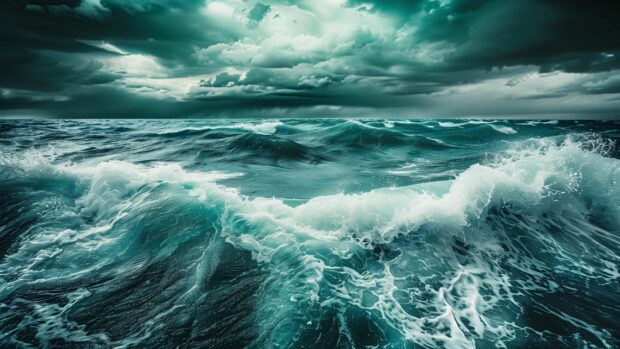 A turbulent ocean wallpaper with powerful waves and a dark, cloudy sky.