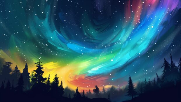 A vibrant Space 4K background featuring a colorful aurora borealis stretching across the sky, with a silhouette of a forest below.