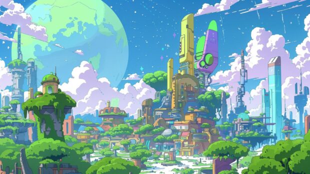 A vibrant anime space colony on an alien planet, with futuristic buildings and colorful skies filled with stars, Anime desktop background.