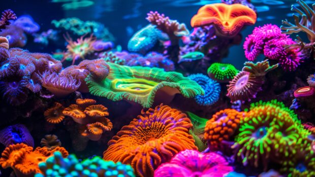 A vibrant coral reef teeming 4K OLED Desktop Background with colorful marine life.