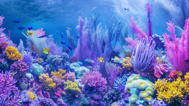 A vibrant coral reef teeming Desktop Wallpaper with colorful marine life.