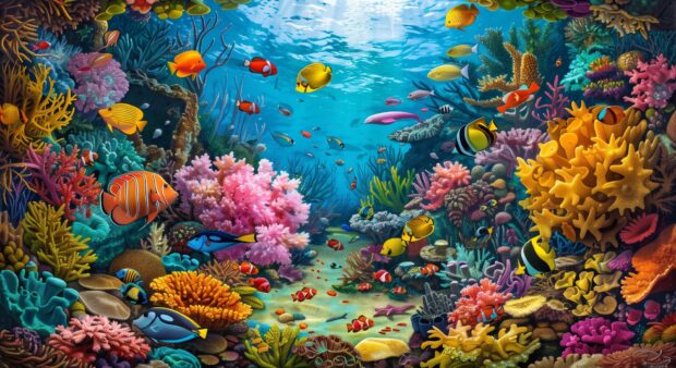 A vibrant coral reef teeming with colorful ocean fish and marine life, HD Wallpaper.